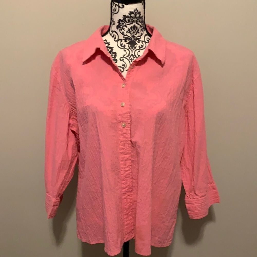 Denim & Company Pink Womans 3/4 Sleeve Button Down Shirt Size Large